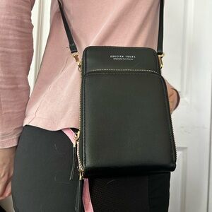 Forever Young Black Leather Crossbody Phone Pouch